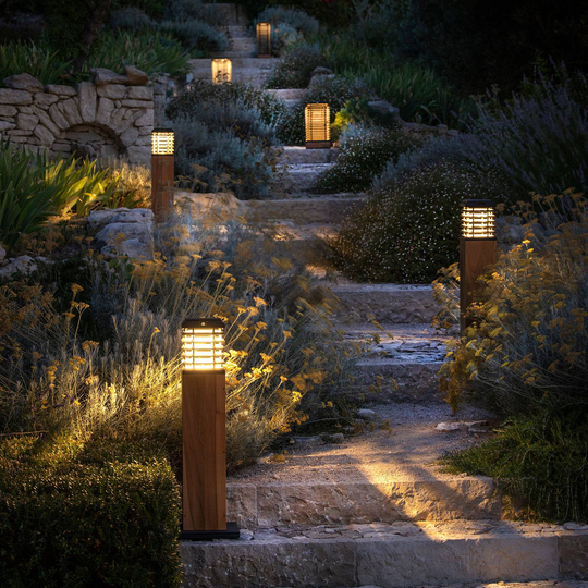 LED-solcellsgånglampa Tekura, teak natur/grå